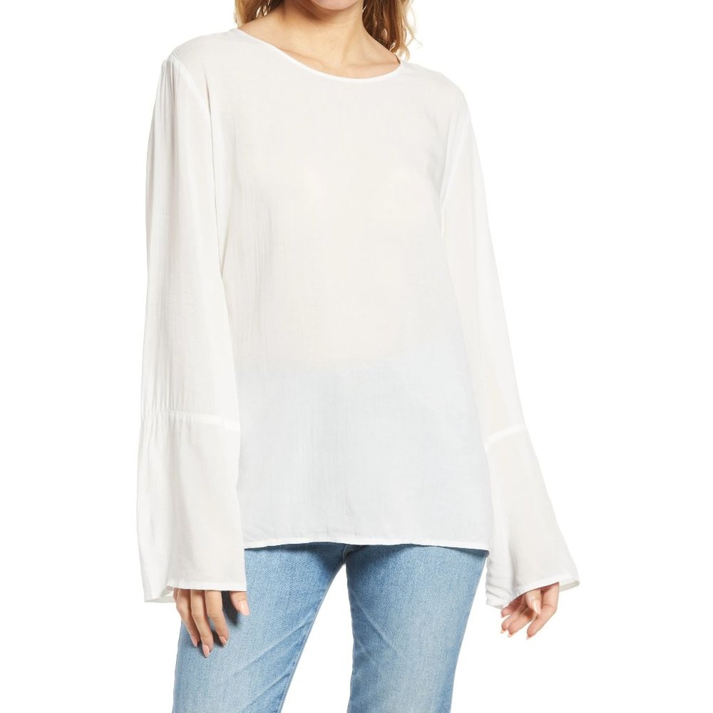 NEW Treasure Bond Womens Small Blouse Ivory Long Bell Flare Sleeve Lightweight